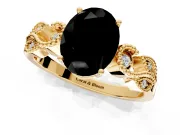 Leaf Engagement Ring Setting for Fancy Black Oval Center with Milgrain Accent Band and Prong Head in Yellow Gold
