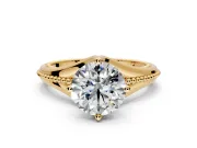 Solitaire Engagement Ring Setting for Round Cut Center with Milgrain Cathedral Band and Prong Head in Yellow Gold