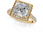 Milgrain Floral Halo Engagement Ring Setting for Asscher Cut Center with Pave Band and Prong Head in Yellow Gold