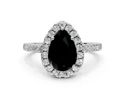 Halo Engagement Ring Setting for Fancy Black Pear-Shaped Center with Narrowing Pave Band and Prong Head in Sterling Silver