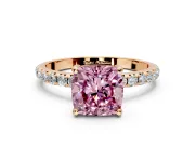 Solitaire Engagement Ring Setting for Fancy Pink Cushion Cut Center with Micro Pave Band and Prong Head in Rose Gold