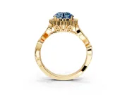 Halo Engagement Ring Setting for Fancy Blue Round Cut Center with Leaf Motif Split Shank and Prong Head in Yellow Gold