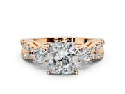 3 Stone Engagement Ring Setting for Cushion Cut Center with Pave Split Shank and Prong Head in Rose Gold