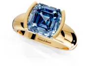 Tension Engagement Ring Setting for Fancy Blue Asscher Cut Center with Wide Flat Band and Tension Head in Yellow Gold