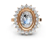 Halo Engagement Ring Setting for Oval Center with Milgrain Bezel Rim, Plain Band and Prong Head in Rose Gold
