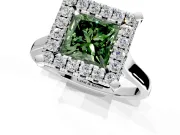 Single Halo Engagement Ring Setting for Fancy Green Princess Cut Center with Corner Claws, Plain Band and Prong Head in White Gold