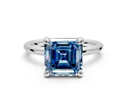 Low-Set Solitaire Engagement Ring Setting for Fancy Blue Asscher Cut Center with Thin Plain Band and Prong Head in White Gold