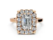 Single Halo Engagement Ring Setting for Emerald Cut Center with Corner Claws, Plain Band and Prong Head in Rose Gold