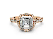 Halo Engagement Ring Setting for Asscher Cut Center with Openwork Halo, Pave Band and Prong Head in Rose Gold