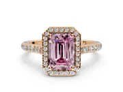 Halo Engagement Ring Setting for Fancy Pink Emerald Cut Center with Pave Accents, Heart Basket and Prong Head in Rose Gold