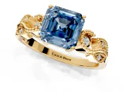 Leaf Engagement Ring Setting for Fancy Blue Asscher Cut Center with Milgrain Accent Band and Prong Head in Yellow Gold