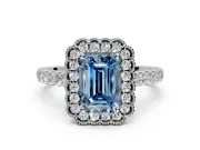 Milgrain Floral Halo Engagement Ring Setting for Fancy Blue Emerald Cut Center with Pave Band and Prong Head in White Gold