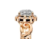 Halo Engagement Ring Setting for Cushion Cut Center with Open Scroll Shoulders and Prong Head in Rose Gold