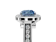 Halo Engagement Ring Setting for Fancy Blue Cushion Cut Center with Outer Bezel Rim, Pave Band and Prong Head in White Gold