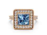 Halo Engagement Ring Setting for Fancy Blue Princess Cut Center with Milgrain Frame, Pave Band and Prong Head in Rose Gold