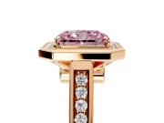 Halo Engagement Ring Setting for Fancy Pink Radiant Cut Center with Outer Bezel Rim, Pave Band and Prong Head in Rose Gold
