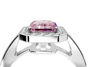 Bezel-Framed Halo Engagement Ring Setting for Fancy Pink Radiant Cut Center with Pave Band and Prong Head in White Gold