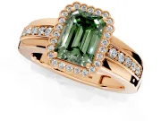 Halo Engagement Ring Setting for Fancy Green Emerald Cut Center with Wide Band, Inlaid Accent Row and Prong Head in Rose Gold