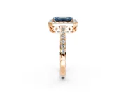 Halo Engagement Ring Setting for Fancy Blue Emerald Cut Center with Heart-Shaped Openwork, Pave Band and Prong Head in Rose Gold