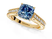 Solitaire Engagement Ring Setting for Fancy Blue Cushion Cut Center with Engraved Pave Band and Prong Head in Yellow Gold