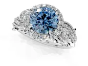 Milgrain Halo Engagement Ring Setting for Fancy Blue Round Cut Center with Shoulder Bezels and Prong Head in White Gold