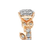 Leaf Motif Engagement Ring Setting for Cushion Cut Center with Pave Band and Prong Head in Rose Gold