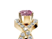 Halo Engagement Ring Setting for Fancy Pink Cushion Cut Center with Pave Infinity Twist Band and Prong Head in Yellow Gold