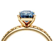 Solitaire Engagement Ring Setting for Fancy Blue Emerald Cut Center with XO Engraved Band and Prong Head in Yellow Gold