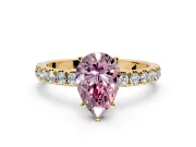 Open Basket Engagement Ring Setting for Fancy Pink Pear-Shaped Center with Pave Band and Prong Head in Yellow Gold