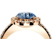 Pave Halo Engagement Ring Setting for Fancy Blue Round Cut Center with Single Row Pave Band and Prong Head in Rose Gold
