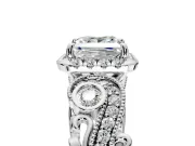Bypass Halo Engagement Ring Setting for Princess Cut Center with Bezel Accents, Milgrain and Prong Head in White Gold