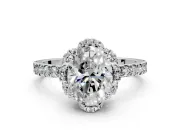Halo Engagement Ring Setting for Oval Center with Openwork Halo, Pave Band and Prong Head in Sterling Silver