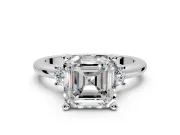3 Stone Engagement Ring Setting for Asscher Cut Center with Wide Plain Band and Prong Head in White Gold