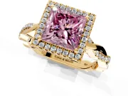 Halo Engagement Ring Setting for Fancy Pink Princess Cut Center with Pave and Plain Twist Band and Prong Head in Yellow Gold