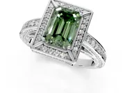 Halo Engagement Ring Setting for Fancy Green Emerald Cut Center with Framed Halo, Pave Band and Prong Head in Sterling Silver