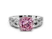 Leaf Engagement Ring Setting for Fancy Pink Cushion Cut Center with Milgrain Accent Band and Prong Head in Sterling Silver
