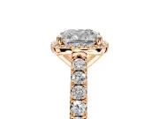 Halo Engagement Ring Setting for Cushion Cut Center with Full Pave Band and Prong Head in Rose Gold