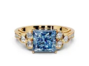 Cluster Engagement Ring Setting for Fancy Blue Princess Cut Center with Bezel Accent Clusters and Prong Head in Yellow Gold