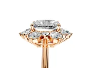 Small-Accent Cluster Halo Engagement Ring Setting for Radiant Cut Center with Plain Band and Prong Head in Rose Gold