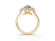 Halo Engagement Ring Setting for Fancy Blue Pear-Shaped Center with Two-Strand Split Shank and Prong Head in Yellow Gold