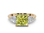 3 Stone Engagement Ring Setting for Fancy Yellow Princess Cut Center with Large Pear-Shaped Accents and Prong Head in Yellow Gold