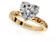 Solitaire Engagement Ring Setting for Heart-Shaped Center with XO Engraved Band and Prong Head in Yellow Gold