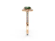 Halo Engagement Ring Setting for Fancy Green Cushion Cut Center with Narrowing Pave Band and Prong Head in Rose Gold