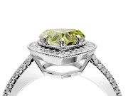 Milgrain Halo Engagement Ring Setting for Fancy Yellow Heart-Shaped Center with Three-Sided Pave Band and Prong Head in Platinum