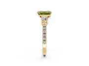 3 Stone Engagement Ring Setting for Fancy Yellow Emerald Cut Center with Round Cut Side Accents and Prong Head in Yellow Gold