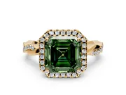 Halo Engagement Ring Setting for Fancy Green Asscher Cut Center with Pave and Plain Twist Band and Prong Head in Yellow Gold