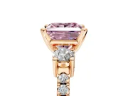 3 Stone Engagement Ring Setting for Fancy Pink Princess Cut Center with Round Cut Side Accents and Prong Head in Rose Gold