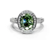 Halo Engagement Ring Setting for Fancy Green Oval Center with Framed Halo, Pave Band and Prong Head in Sterling Silver