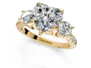 3 Stone Engagement Ring Setting for Heart-Shaped Center with Crossover Basket, Pave Band and Prong Head in Yellow Gold