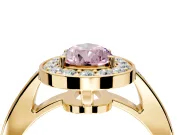 Bezel-Framed Halo Engagement Ring Setting for Fancy Pink Pear-Shaped Center with Pave Band and Prong Head in Yellow Gold
